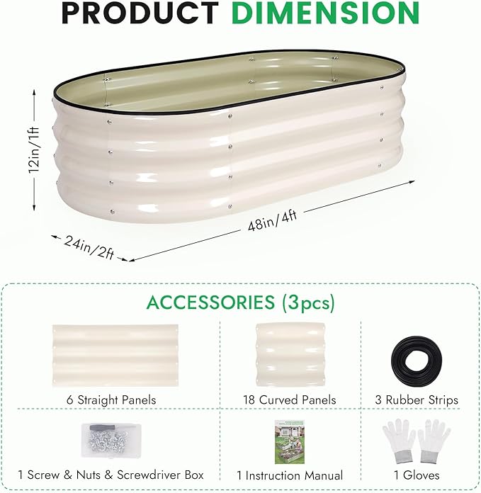 INNO STAGE 3Pcs Galvanized Raised Garden Bed Kit, Outdoor Metal Raised Garden Beds for Vegetables, Rust-Resistant & Easy Assembly, 4x2x1ft Oval Raised beds for Gardening, Flowers, Herbs (White)