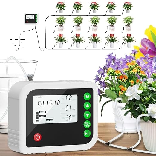 Automatic Plant Watering System with Timer, Adjustable Drip Irrigation Kit for Indoor and Outdoor Gardens and Greenhouses, Capacity 15 Pots
