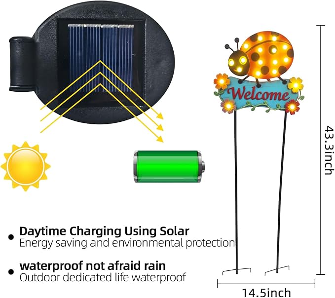 Garden Stakes Decorative 43.3inch with Large Metal Welcome Sign, Solar Pathway Lights Outdoor Waterproof with 18 String Bulbs for Spring and Summer Decor, Ladybug Lawn Ornaments