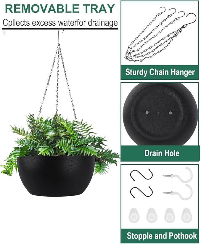 vensovo 12 Inch Large Hanging Planters for Outdoor Plants - 2 Pcs Plastic Hang Planter Flower Pot Baskets with Drainage Holes and Chain, Plant Pots for Home Garden Decor, Black