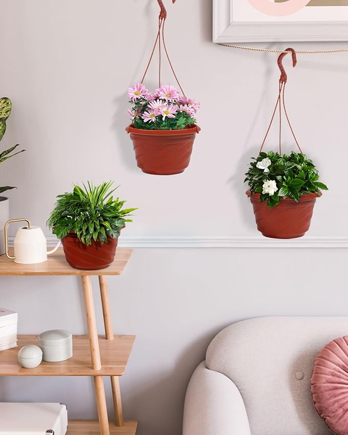 7inch Hanging Planters for Indoor Outdoor Plants,4 Pieces Plastic Hanging Flower Pots Chain Holder Garden Decoration,Round Plastic Hanging Baskets for Garden Porch Plants (Red)