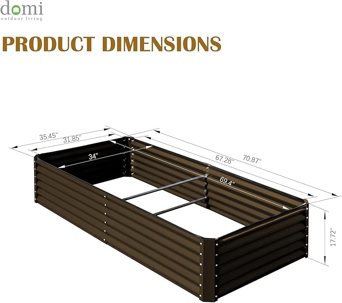 Domi 6x3x1.5ft Metal Raised Garden Beds Outdoor, Thickened Galvanized Steel Deep Root Planter Box with Stabilizing Bars & Rubber Edging for Vegetables, Flowers, Herbs - Brown