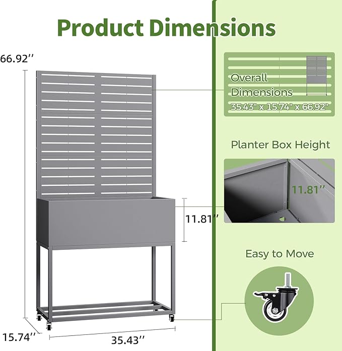 Metal Planter Box with Trellis,67" H x35 W Raised Garden Beds with Privacy Screen for Climbing Plants Flower, Elevated Standing Planter Garden Bed with Drainage Holes for Outdoor Patio,Grey