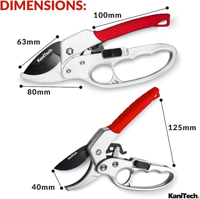 KaniTech Pruning Shears for Gardening with Gloves - Heavy Duty Garden Shears, Aluminum Hand Pruners with TPR Grip Handle, 8 inch 3.55mm Thick Blade - for Branches, Flowers & Plants (Red)