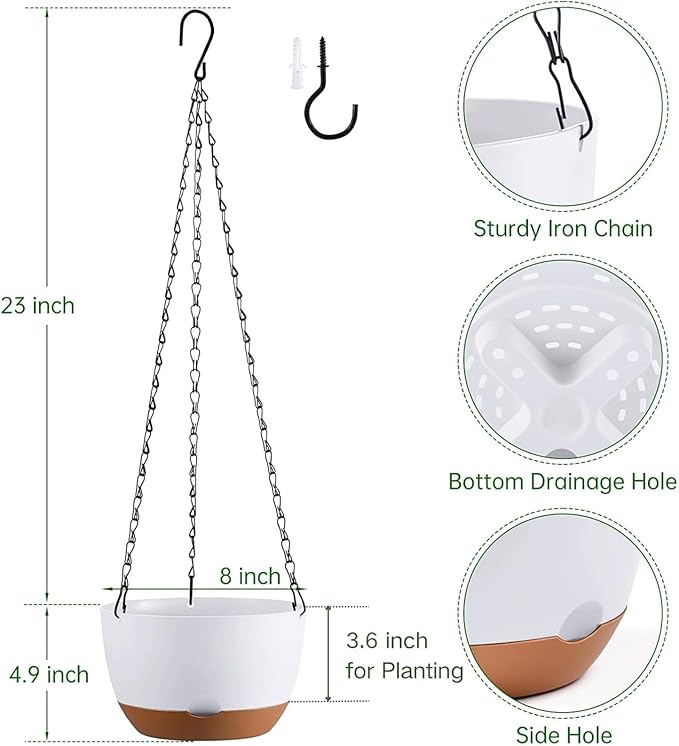 Kvetto Set of 2 8 Inch Self Watering Hanging Planters for Indoor Outdoor Plants, Color Blocking Hanging Baskets Flower Pots with Drainage Hole & Removable Water-Storage Tray