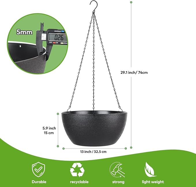 13 inch Hanging Pots with Drainage Holes and Chain, Plastic Hanging Flower Pots for Garden Home Decor, Black