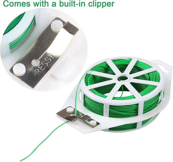 Wentwos Green Garden Plant Ties,328FT/100m Wire,Sturdy Plant Ties with Cutter for Gardening Plants Growth and Care,Plant Garden Twine Wires for Office Home Cable Organization