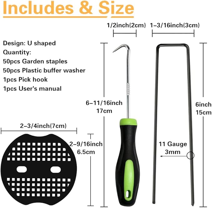 Bakulyor 50pcs Black Landscape Staples + 50pcs Buffer Washer, 6 Inch 11 Gauge Garden Stakes Staples, U Shaped Galvanized Lawn Pins Heavy Duty Yard Ground Pin for Weed Barrier Sod Fabric Decorations