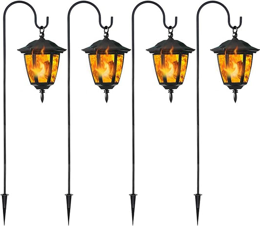 Dynaming 4 Pack Solar Flame Hanging Lights Outdoor, Halloween Solar Flickering Flame LED Garden Lanterns with 4 x 38 Inch Shepherd Hooks, Christmas Lighting for Lawn Patio Yard Pathway Driveway