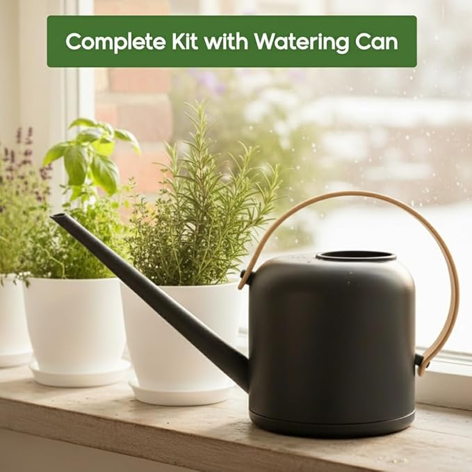 Indoor Garden Kit - Plant Pots with Drainage, Watering Can & Tools - Ideal Windowsill Planter Set - Modern Home & Kitchen Decor Gift - White