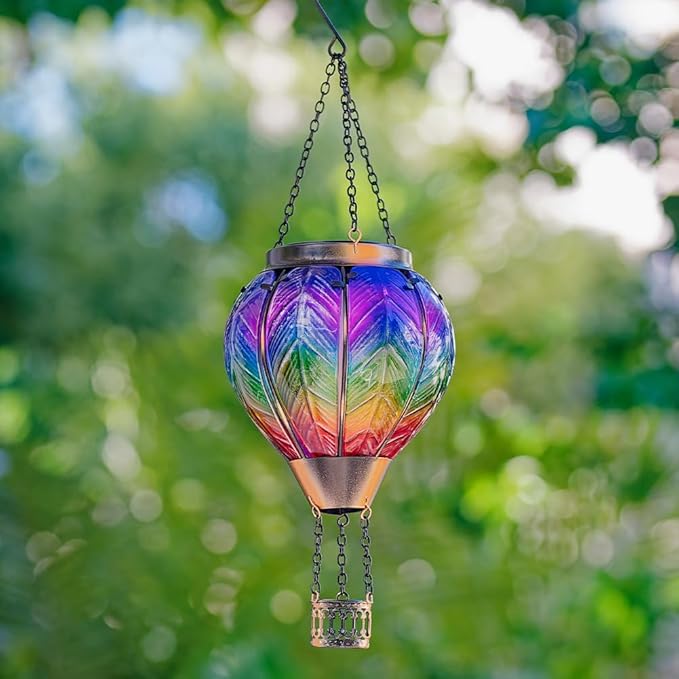DREAMSOUL Hot Air Balloon Solar Lantern, Glass Outdoor Lantern Hanging Solar Lanterns Outdoor Waterproof for Patio Porch Garden Decor