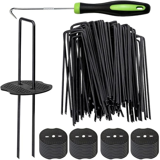 Bakulyor 100pcs Black Landscape Staples + 100pcs Buffer Washer, 6 Inch 11 Gauge Garden Stakes Staples, U Shaped Galvanized Lawn Pins Heavy Duty Yard Ground Pin for Weed Barrier Sod Fabric Decorations