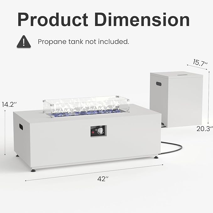 42" Propane Fire Pit Table Set with Tank Holder, Rectangle 2-Piece Outdoor Firepit Wind Guard, Lid, Glass Stones and Cover
