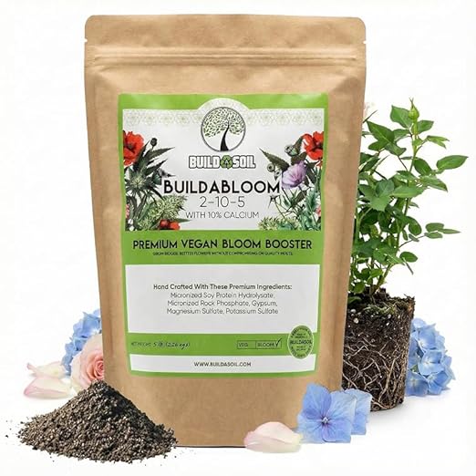 BuildASoil Vegan Bloom Booster & Flower Fertilizer - Plant Food for Organic Hydrangea, Roses, Hibiscus, and Vegetables - Natural Soil Flower Food - Best Fertilizer for Vegetable Garden - 5 LB Bag