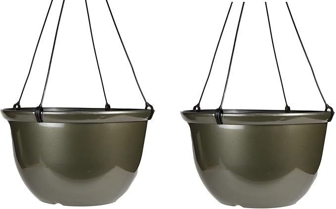 The HC Companies 11 Inch Hanging Metallic Planter - Round Hanging Basket for Indoor Outdoor Plants, Pewter (Pack of 2)