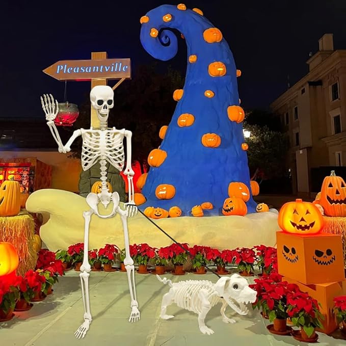 UMEELR 5.4FT Halloween Skeletons, Full Size Skeleton with Skeleton Dog, Plastic Life Size Human Skeletons for Halloween Graveyard Haunted House Party Decoration