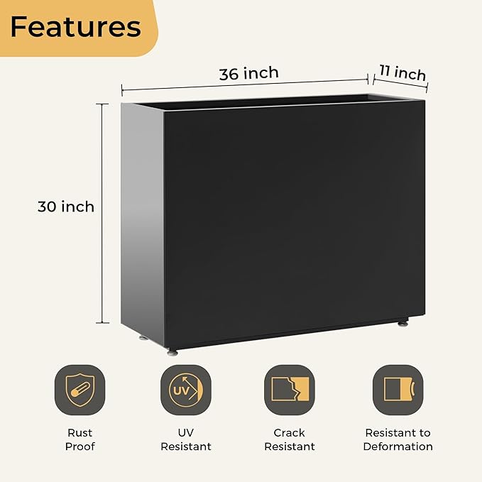 30-Inch Tall Elevated Metal Planter, 36Wx11Dx30H Outdoor Planter Box with Removable Partition & Adjustable Feet, for Patio, Yard, Deck, Easy Assembly & Drainage Holes, Black