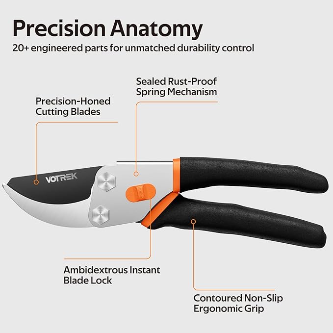 Effortless Pruning Shears: Professional 8.5”Garden Pruner with Jam-Proof Spring & Ever-Sharp SK5 Blade, Ergonomic Bypass Clippers for Rose, Tree Trimming & weak Hand, Heavy Duty Pruning Scissor