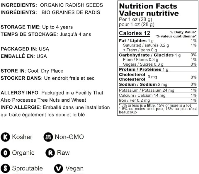 Food to Live - Organic Radish Seeds for Sprouting, 25 Pounds Non-GMO, Edible Seeds, Pure, Vegan, Kosher, Bulk. Spicy Flavor. Rich in Vitamin C. High Germitation Rate.