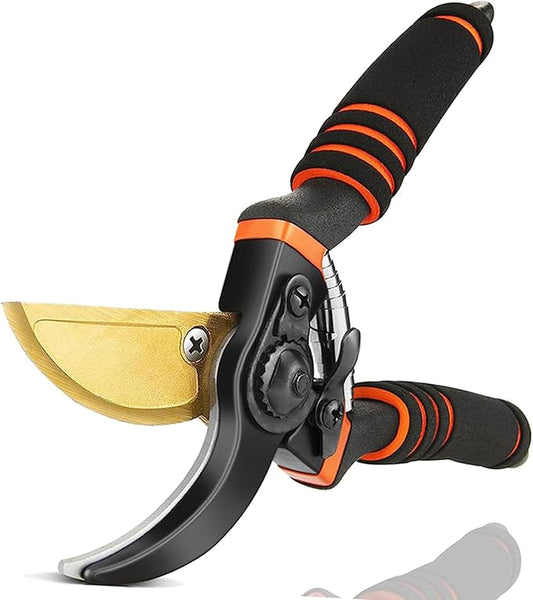 MEPEREZ Titanium Coated Pruning Shears Reduce Wrist Fatigue - Cuts 3X Easier, Weak Hand Arthritis Snips, 1 Inch Shear Diameter, Rust Resistant, Strong, Comfortable & Ergonomic Handle