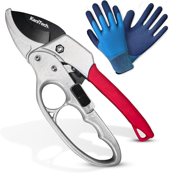 KaniTech Pruning Shears for Gardening with Gloves - Heavy Duty Garden Shears, Aluminum Hand Pruners with TPR Grip Handle, 8 inch 3.55mm Thick Blade - for Branches, Flowers & Plants (Red)