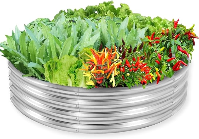 4 ft Galvanized Steel Round Raised Garden Bed, Large Outdoor Metal Planter Box Big Flower Plant pots for Patio Backyard Porch Deck Planting Flowers Vegetables and Herbs (Silver, 4 ft)