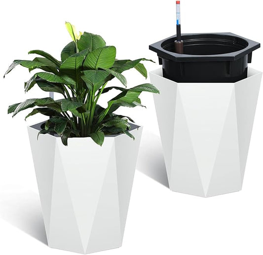 Set of 2 Tall Planters for Outdoor Plants, 16" Large Planter Pots with Drainage Holes & Water Level Monitor, Self-Watering Flower Pots for Patio, Porch, Garden, Front Door Decor, Indoor Outdoor