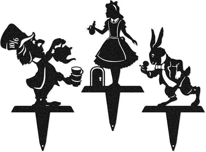 Alice in Wonderland Garden Stakes – Set of 3 | RealSteel Original Outdoor Yard Art Featuring Alice, White Rabbit & Mad Hatter | Rust-Resistant, American-Made Metal Décor | Black Finish