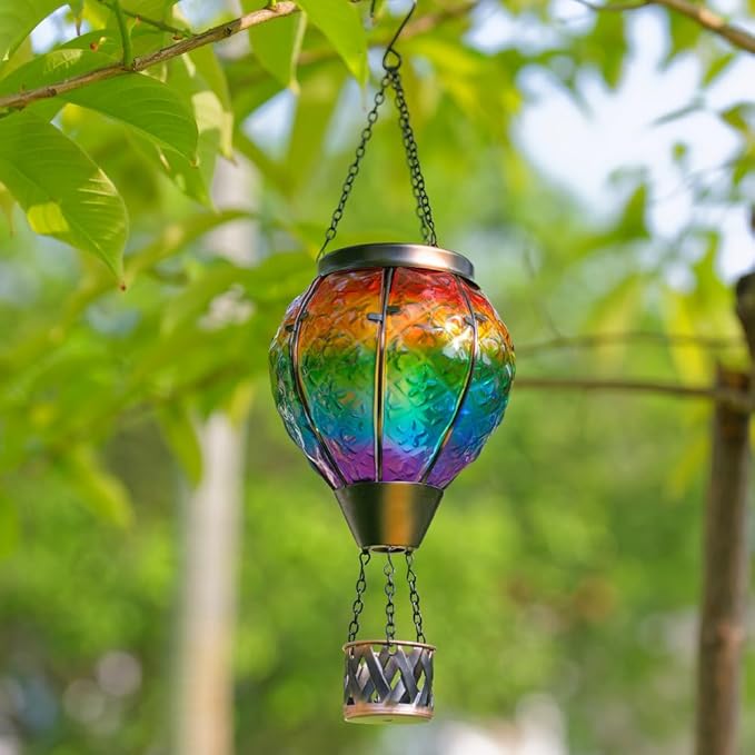 DREAMSOUL Rainbow Hot Air Balloon Solar Lantern, Metal & Glass Solar Lantern with Flickering Flame, Hanging Solar Lanterns Outdoor Waterproof for Lawn, Patio, Tree Decor