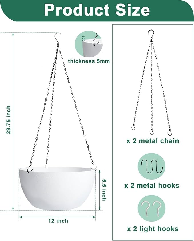 vensovo 12 Inch Large Hanging Planters for Outdoor Plants - 2 Pcs Plastic Hang Planter Flower Pot Baskets with Drainage Holes and Chain, Plant Pots for Home Garden Decor, White
