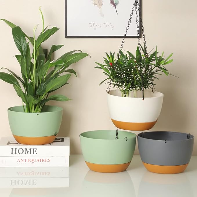 Lookat 2 Pack Plastic Hanging Planters 10 Inch Hanging Pots with Drainage Hole for Indoor Outdoor Plants, Round Hanging Basket with Removable Tray for Home Garden Porch Balcony Patio Decor