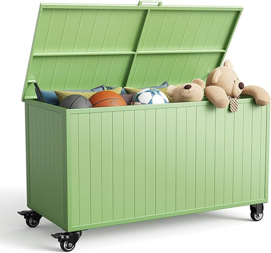 Outdoor Storage Box with Wheels 150 Gallon, Metal Deck Boxes Outdoor Waterproof, Patio Storage Box for Home/Backyard/Pool Chemicals/Toys/Garden Tools/Porch/Patio Cushions (Green)