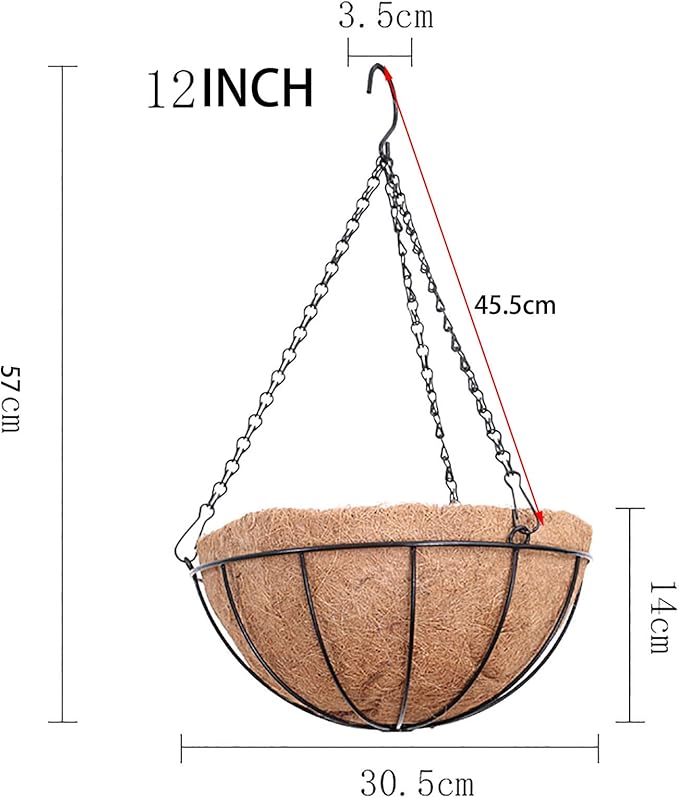 Outdoor Metal Hanging Planters Basket (4pack, 12 inch) Hanging Baskets for Plants Chain Round Wire Plant Holder with Coco Fiber Liners for Garden, Patio, Deck, Porch