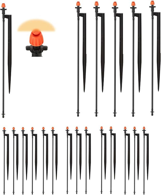 180 Degree Micro Drip Spray Emitters: 20 Set Drip Irrigation Sprinkler Heads on 12 Inch Stakes with 1/4" Tubing, Half Circle Pattern Drip Emitters for Garden Irrigation System