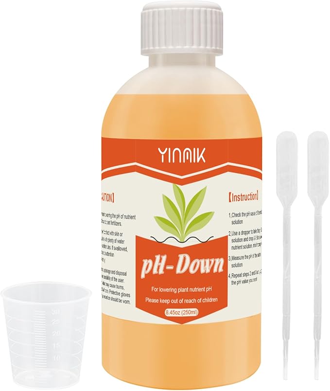 YINMIK General Hydroponics pH Down Liquid, pH Control Liquid Decreases pH Levels, 250ml Premium Buffering for pH Stability,Suitable for All Hydroponics Feeding Systems, Both for Soil and Water