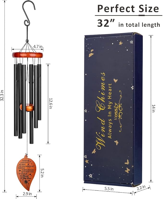 Sympathy Wind Chimes,32" Memorial Wind Chimes for Loss of Loved One, Sympathy Memorial Bereavement Gift,in Memory of Loved One Loss of Mother Father，Home Decor Garden Patio Outdoor-Black