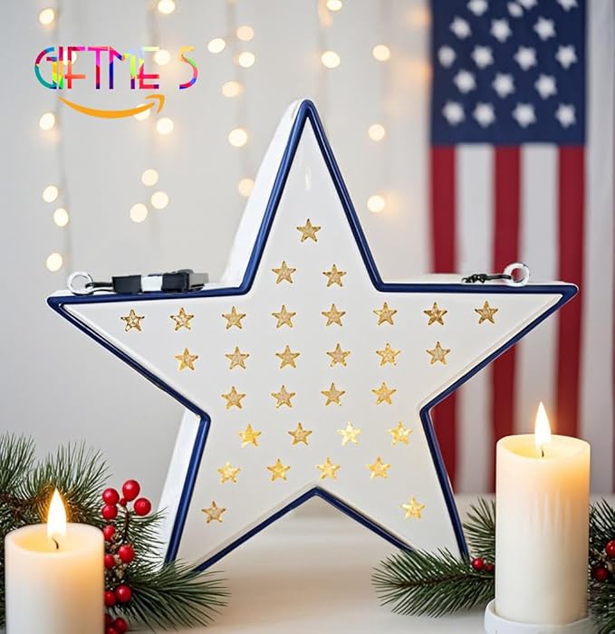 Metal Solar Star Lantern Light Outdoor Garden Decor for Patio,Yard,Tree,Patriotic Memorial Day 4th of July Star Decorations,White
