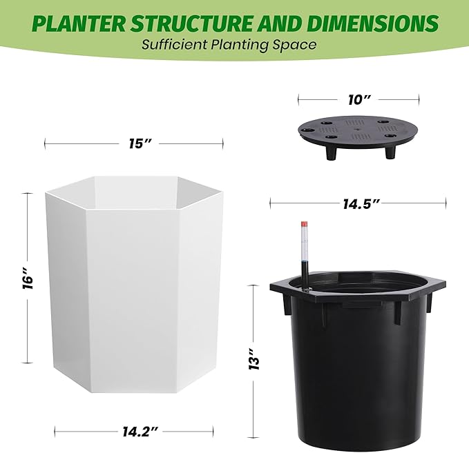 16" Tall Planters Set of 2, Large Outdoor & Indoor Self-Watering Pots with Water Level Monitor, Drainage Hole & Wheels, Planter Pots for Garden, Patio, Balcony, Lounge - White