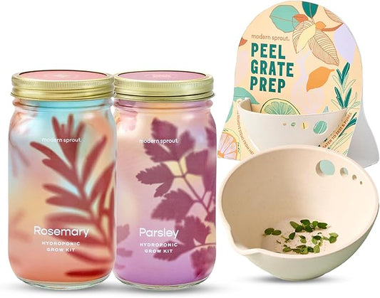 Modern Sprout Garden Jar & Herb Stripper Bundle, Self-Watering Herb Grow Kit w/Recyclable Mason Jar + 3-in-1 Prep, Peeler & Grater Plate, Indoor Gardening & Kitchen Gift Set (Rosemary & Parsley)