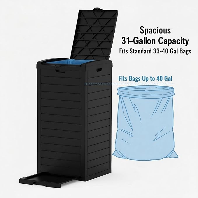 31 Gallon Resin Trash Can Cabinet with Lid & Drip Tray - Waterproof Outdoor Garbage Bin for Patio, Kitchen, Yard, and Entertaining Areas - Easy Assembly, No Tools Required
