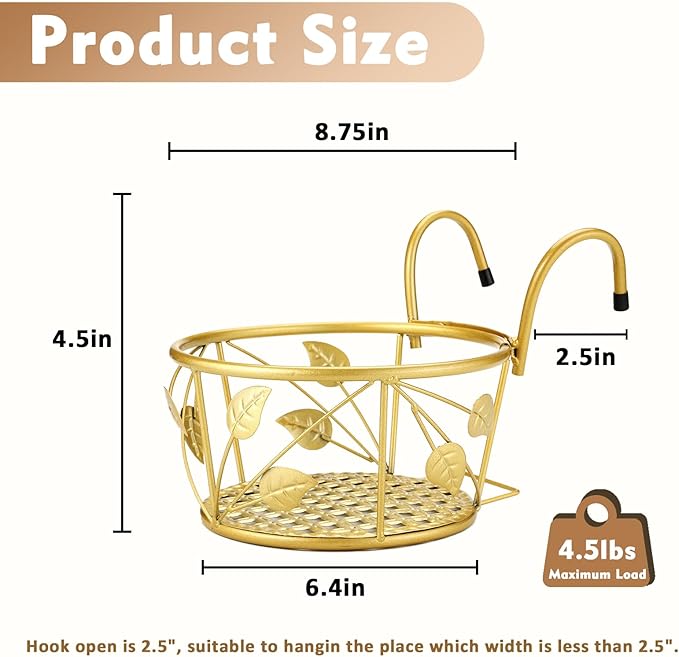 3 Pack Hanging Planter Holders for Balcony Railings Heavy Duty Metal Flower Pot Stands for Indoor Outdoor Use Deck Fence Garden Patio Porch Railing Plant Hangers (Golden)