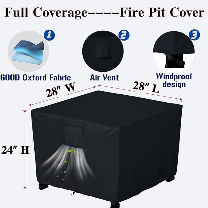 Chinchilla Heavy Duty 28 Inch Square Fire Pit Cover - 100% Waterproof & Weatherproof, Durable All-Season Protection for 26/27/28 Inch Propane Fire Pits and Tables