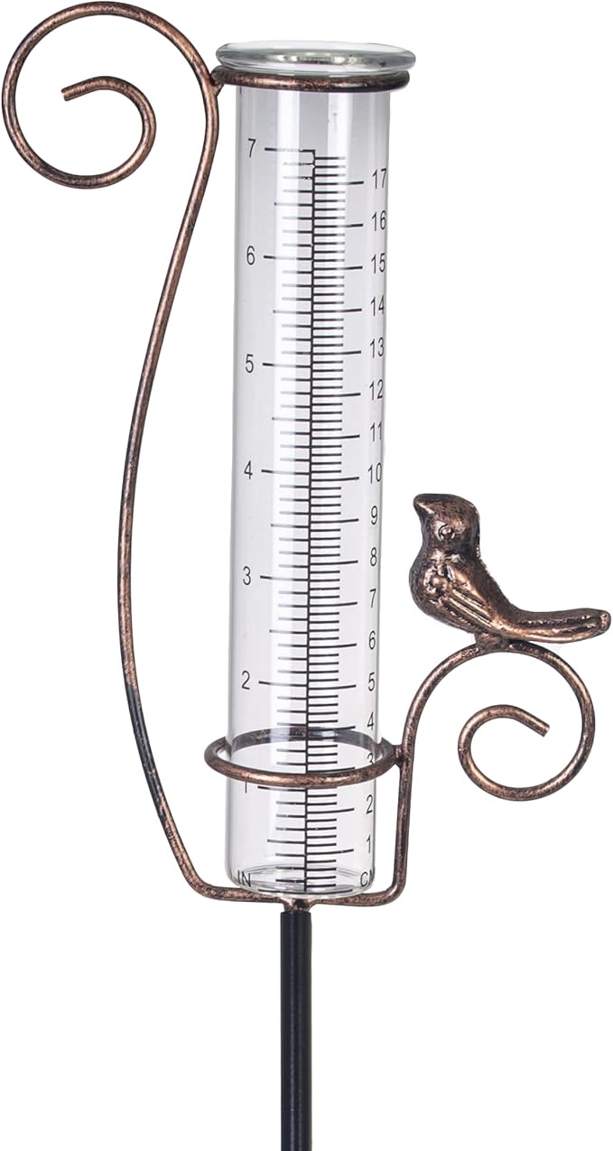 Rain Gauge Outdoor,7" Glass Rain Gauge with Metal Stake, Decorative Bird Rain Gauge for Yard Garden Lawn Decor