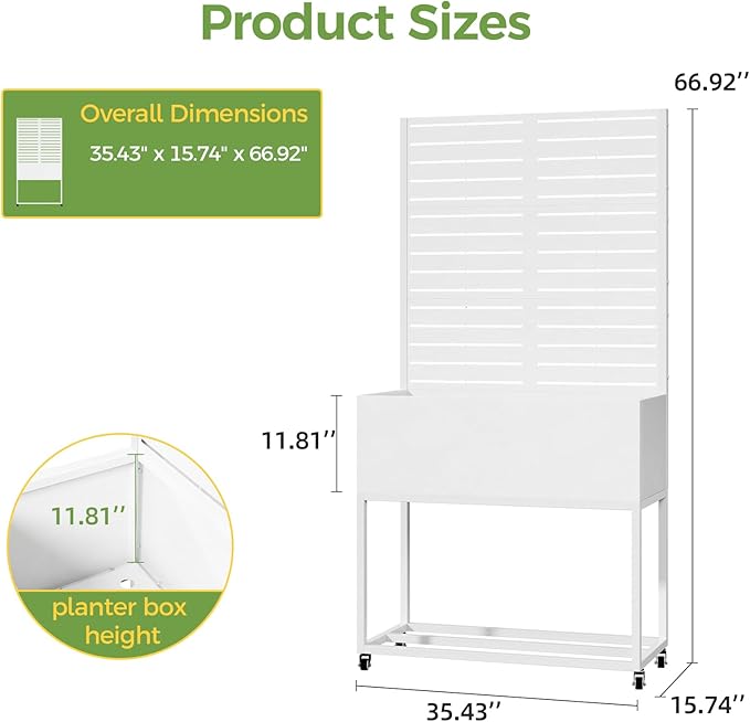 Metal Planter Box with Trellis, 3 in 1 Raised Garden Bed with Trelli & Firewood Rack, Privacy Planter Screen for Climbing Plants, Vine, Outdoor Garden Standing Beds with Drainage Holes, Wheels,White
