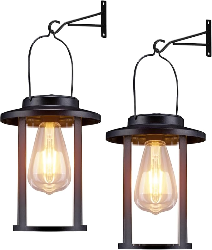 Larekook 2 Pack Solar Lanterns Outdoor Waterproof,High Brightness Hanging Solar Lights for Outside with Wall Mount Kit,Outdoor Decorative Lantern for Garden Patio Garage Porch Yard Decor