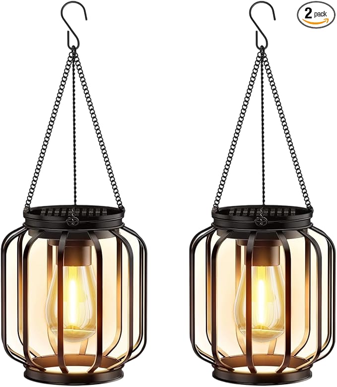 2 Pack Solar Lanterns Outdoor Waterproof, Upgraded Metal LED Lanterns, Warm Light, Auto On/Off, Brighter Hanging Solar Lantern for Yard Patio Pathway Porch Garden Decor (Columnar)