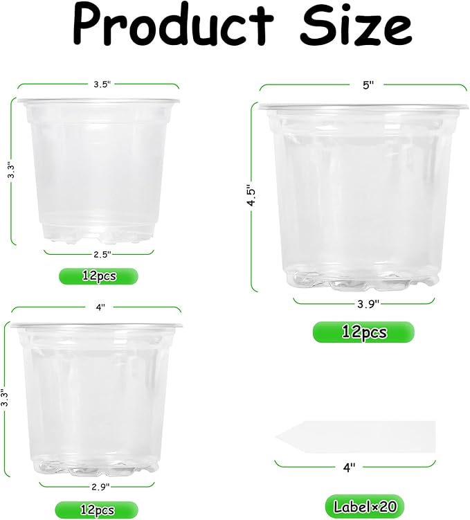 36 Pack3.5/4/5Inch Clear Nursery Pots with Drainage Hole,Variety Sizes Seed Starting Pots Transparent Plastic Plant Pots for Plants Transparency with 20 Plant Labels