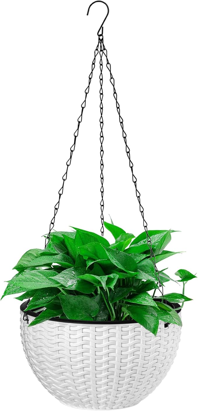 Foraineam 2-Pack Dual-pots Design Hanging Basket Planters Self-Watering Indoor Outdoor Plant & Flower Hanging Pots with Drainer and Chain, 2 Size Assorted (White)
