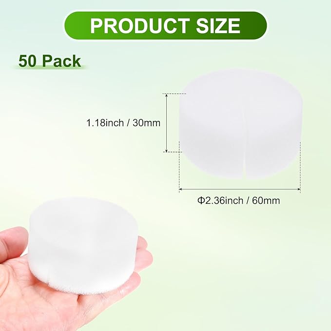 50-Pack Hydroponics Sponges, 2.36 Inch Growing Media Cylindrical Sponges for Planting Gardening Tool/Grow Seedlings/Home Vegetable Flower, Soilless Cultivation Seedling [White]