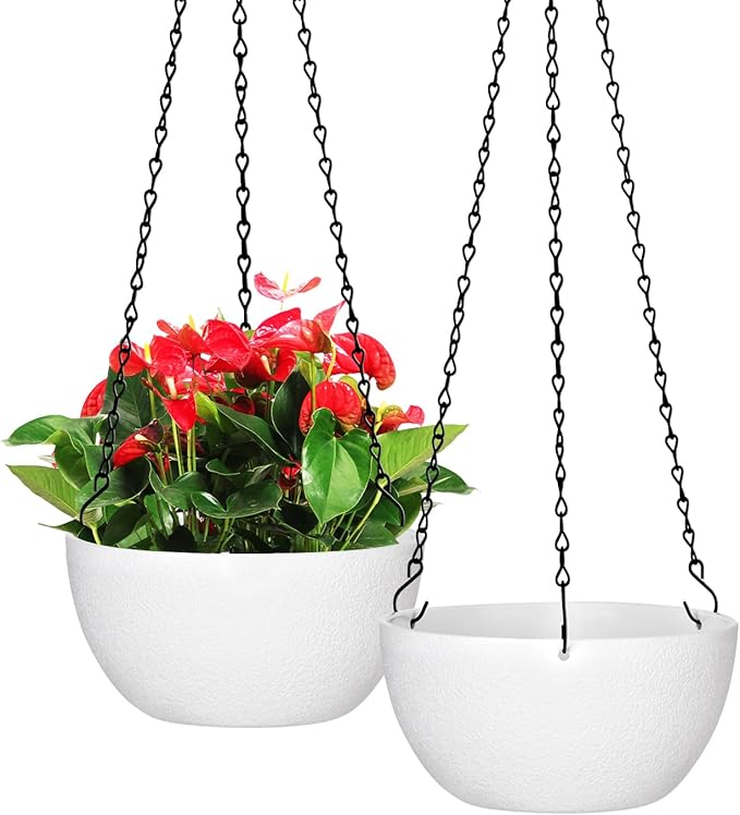 8 inch Hanging Planters for Indoor Outdoor Plants, 2 Pack Pots with Drainage Holes and Chain, Plastic Flower Pots for Garden Home Decor, White